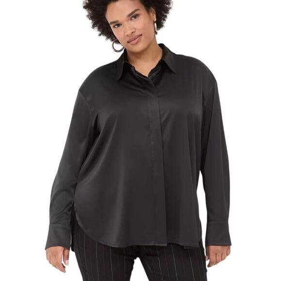 Lane Bryant Black Classic Satiny Button Down Boyfriend Shirt Size 28 No Peek NEW - Picture 1 of 12